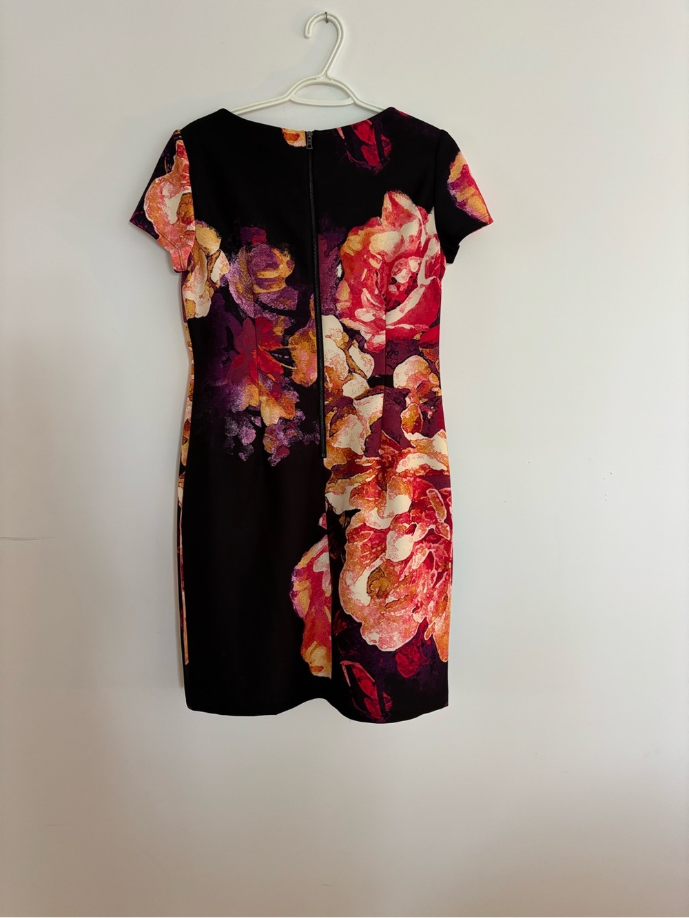 Taylor Black Floral Sheath Dress with Pink and Orange Blooms